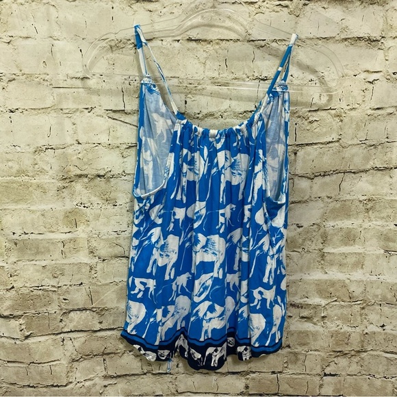 Crown & Ivy Blue White Elephant Monkey Print Sleeve Tie Neck Top - Picture 1 of 5